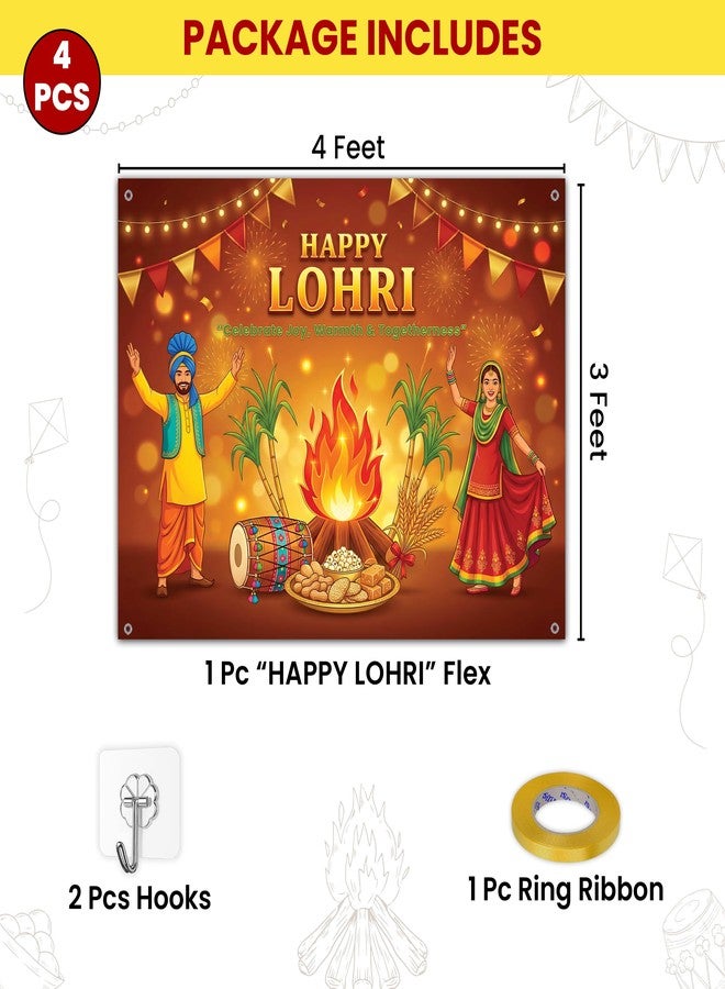 1iAM Happy Lohri Decoration Flex 4x3ft - Pack of 4 | Exclusive "HAPPY LOHRI" Printed Flex Backdrop with Hooks and Ring Ribbon | Punjabi Festival Decor For Home Indoor Outdoor Event on 13th January - Image 2